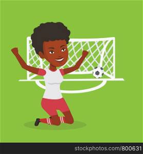 African-american female soccer player celebrating scoring goal. Young soccer player kneeling with raised arms on the background of gate with ball in it. Vector flat design illustration. Square layout.. Soccer player celebrating scoring goal.