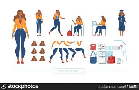 African-American Female Student Character Constructor Isolated, Trendy Flat Design Elements Set. Teen Girl Using Laptop, Writing Test, Celebrating Graduation, Body Parts, Face Expressions Illustration