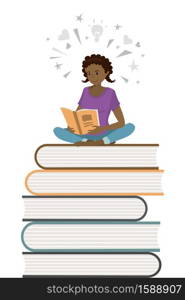 African american female teenager read books,learning process concept,isolated on white background ,flat vector illustration. African american female teenager read books,learning process con