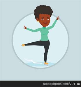 African-american figure skater posing on skates. Female figure skater performing on ice skating rink. Young ice skater dancing. Vector flat design illustration in the circle isolated on background.. Female figure skater vector illustration.