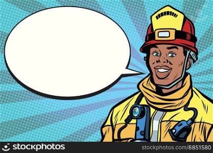 African American firefighter portrait, comic bubble. Pop art retro comic book vector illustration. African American firefighter portrait, comic bubble