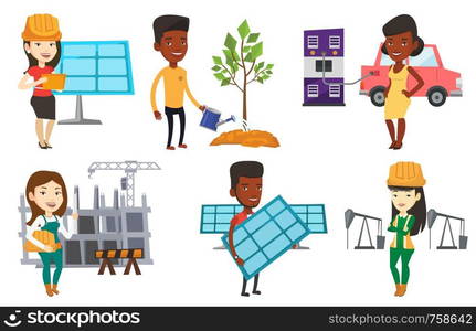 African-american friendly man watering tree. Gardener with watering can. Young man gardening. Concept of environmental protection. Set of vector flat design illustrations isolated on white background.. Vector set of characters on ecology issues.