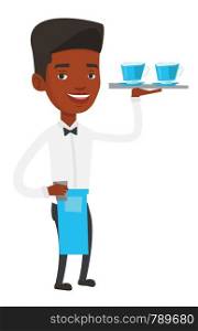 African-american friendly waiter standing with tray with cups of hot flavoured coffee. Waiter holding a tray with cups of tea or coffee. Vector flat design illustration isolated on white background.. Waiter holding tray with cups of coffeee or tea.
