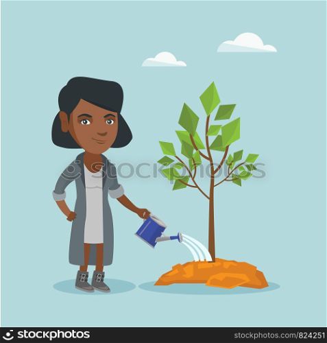 African-american friendly woman watering a tree with a watering can. Young woman planting a young tree. Concept of environmental protection. Vector cartoon illustration. Square layout.. Young african-american woman watering a tree.