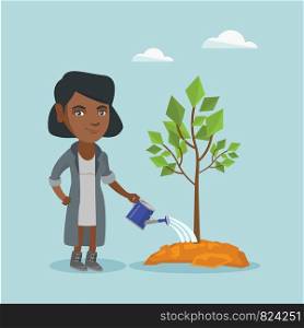 African-american friendly woman watering a tree with a watering can. Young woman planting a young tree. Concept of environmental protection. Vector cartoon illustration. Square layout.. Young african-american woman watering a tree.