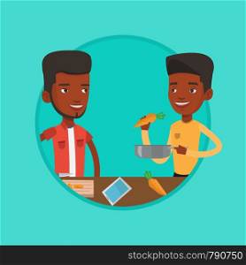 African-american friends cooking healthy vegetable meal. Friends cooking together lunch. Young friends preparing vegetable meal. Vector flat design illustration in the circle isolated on background.. Friends cooking healthy vegetable meal.