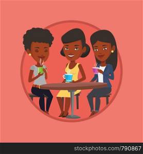 African-american friends drinking hot and alcoholic drinks. Three friends hanging out together in a cafe. Friends relaxing in cafe. Vector flat design illustration in the circle isolated on background. Group of women drinking hot and alcoholic drinks.