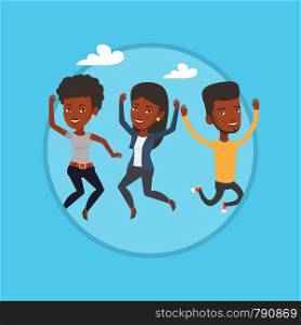 African-american friends jumping in the park. Group of friends having fun and jumping outdoors. Friendship and lifestyle concept. Vector flat design illustration in the circle isolated on background.. Group of joyful young friends jumping.