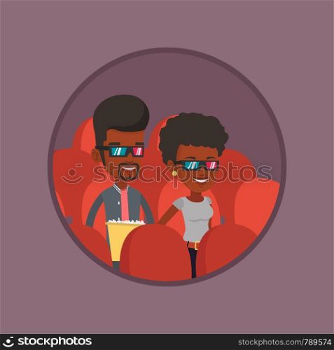 African-american friends wearing 3d glasses watching movie in the cinema. Happy young couple watching 3D movie in the theatre. Vector flat design illustration in the circle isolated on background.. Happy couple watching 3D movie in the theatre.