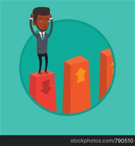 African-american frightened bankrupt clutching his head. Bankrupt standing on chart going down. Concept of business bankruptcy. Vector flat design illustration in the circle isolated on background.. Bankrupt on chart going down vector illustration.