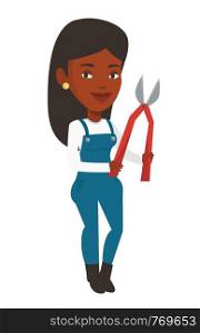 African-american gardener holding a pruner. Gardener is going to trim branches of a tree with a pruner. Gardener working with a pruner. Vector flat design illustration isolated on white background.. Farmer with pruner vector illustration.