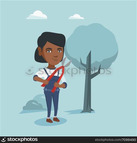 African-american gardener holding a pruner. Young gardener is going to trim branches of a tree with a pruner. Gardener working in the garden with a pruner. Vector cartoon illustration. Square layout.. Young farmer working with a pruner in the garden.