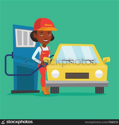 African-american gas station worker filling up fuel into the car. Female worker in workwear at the gas station. Young gas station worker refueling a car. Vector flat design illustration. Square layout. Worker filling up fuel into car.