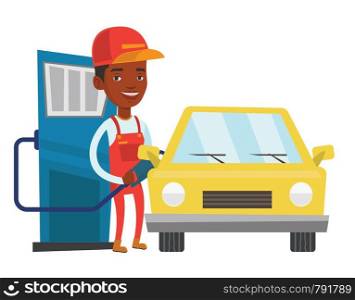 African-american gas station worker refueling a car. Gas station worker filling up fuel into car. Worker in workwear at the gas station. Vector flat design illustration isolated on white background.. Worker filling up fuel into car.