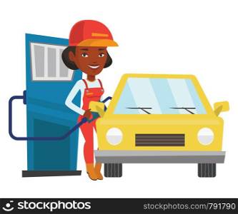 African-american gas station worker refueling a car. Gas station worker filling up fuel into car. Worker in workwear at the gas station. Vector flat design illustration isolated on white background.. Worker filling up fuel into car.