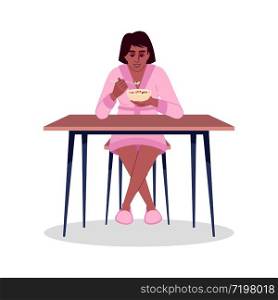 African american girl eating cereals semi flat RGB color vector illustration. Healthy and delicious breakfast. Young woman enjoying muesli with milk isolated cartoon character on white background