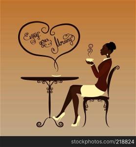 african american girl is drinking coffee ,stock vector illustration. african american girl is drinking coffee