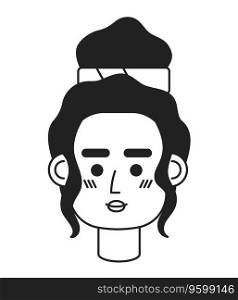 African american girl monochrome flat linear character head. Trendy bun hairstyle. Editable outline hand drawn human face icon. 2D cartoon spot vector avatar illustration for animation. African american girl monochrome flat linear character head