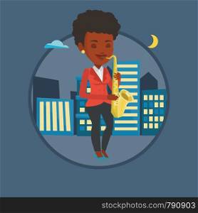 African-american girl playing on saxophone in the night. Musician playing on saxophone. Musician with saxophone in the city street. Vector flat design illustration in the circle isolated on background. Musician playing on saxophone vector illustration.