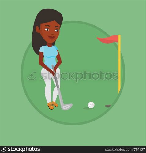 African-american golfer playing golf. Golfer hitting the ball in the hole with red flag. Professional golfer on the golf course. Vector flat design illustration in the circle isolated on background.. Golfer hitting the ball vector illustration.