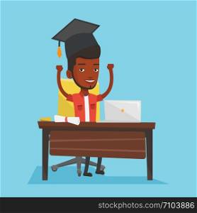 African-american graduate sitting at the table with laptop and diploma. Graduate in graduation cap using laptop for education. Online graduation concept. Vector flat design illustration. Square layout. Student using laptop for education.