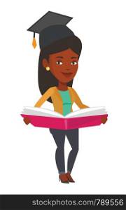 African-american graduate standing with a big open book in hands. Graduate in graduation cap reading a book. Graduate holding a book. Vector flat design illustration isolated on white background.. Graduate with book in hands vector illustration.