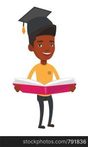 African-american graduate standing with a big open book in hands. Graduate in graduation cap reading a book. Graduate holding a book. Vector flat design illustration isolated on white background.. Graduate with book in hands vector illustration.