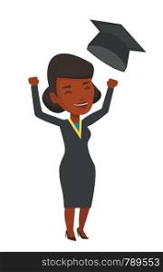 African-american graduate throwing up his hat. Excited graduate in cloak and graduation hat. Happy graduate with hands raised celebrating. Vector flat design illustration isolated on white background.. Graduate throwing up his hat vector illustration.