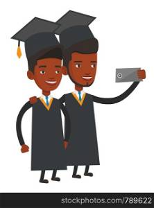 African-american graduates making selfie. Graduates in cloaks and graduation caps making selfie. Graduates making selfie with cellphone. Vector flat design illustration isolated on white background.. Graduates making selfie vector illustration.