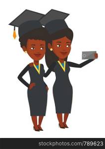 African-american graduates making selfie. Graduates in cloaks and graduation caps making selfie. Graduates making selfie with cellphone. Vector flat design illustration isolated on white background.. Graduates making selfie vector illustration.