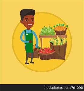 African-american greengrocer giving thumb up. Greengrocer standing on the background of shelves with fresh vegetables and fruits. Vector flat design illustration in the circle isolated on background.. Friendly supermarket worker vector illustration.