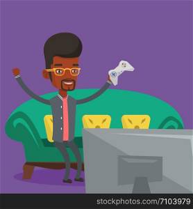 African-american guy playing video game. Excited young man with console in hands playing video game at home. Man celebrating his victory in video game. Vector flat design illustration. Square layout.. Man playing video game vector illustration.