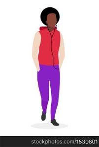 African american guy with curly hairstyle flat illustration. Young dark skinned, black cool man in casual clothes. Brazilian fashion model in sports menswear cartoon character on white background
