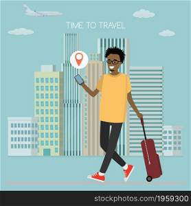 African american guy with suitcase and smartphone,happy male traveller,navigation system in mobile phone,urban landscape on background,time to travel-text,flat vector illustration