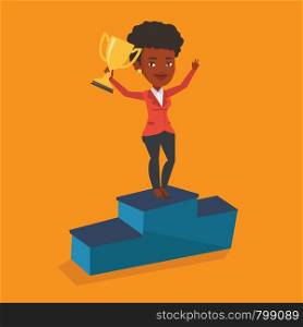 African-american happy businesswoman with business award standing on a pedestal. Businesswoman celebrating her business award. Business award concept. Vector flat design illustration. Square layout.. Businessman proud of his business award.