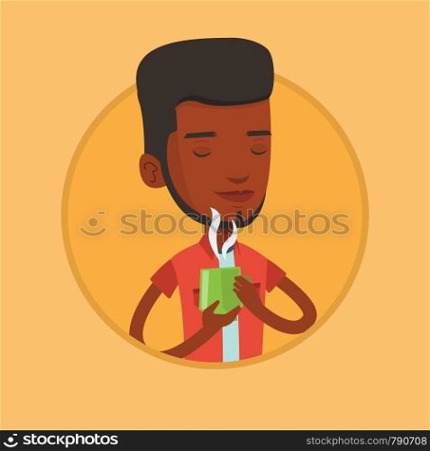 African-american happy man drinking hot flavored tea. Young man holding cup of tea with steam. Man with eyes closed enjoying tea. Vector flat design illustration in the circle isolated on background.. Man enjoying cup of hot coffee vector illustration