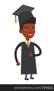 African-american happy smiling graduate in cloak and graduation cap. Cheerful graduate giving thumb up. Joyful graduate celebrating. Vector flat design illustration isolated on white background.. Graduate giving thumb up vector illustration.