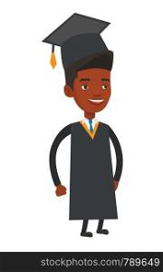 African-american happy smiling graduate in cloak and graduation cap. Joyful graduate celebrating. Education and graduation concept. Vector flat design illustration isolated on white background.. African-american graduate vector illustration.