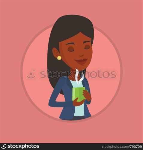 African-american happy woman drinking hot flavored tea. Woman holding cup of tea with steam. Woman with eyes closed enjoying tea. Vector flat design illustration in the circle isolated on background.. Woman enjoying cup of coffee vector illustration