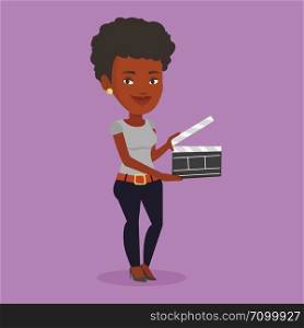 African-american happy woman working with a clapperboard. Smiling woman holding an open clapperboard. Cheerful woman holding blank movie clapperboard. Vector flat design illustration. Square layout.. Smiling woman holding an open clapperboard.