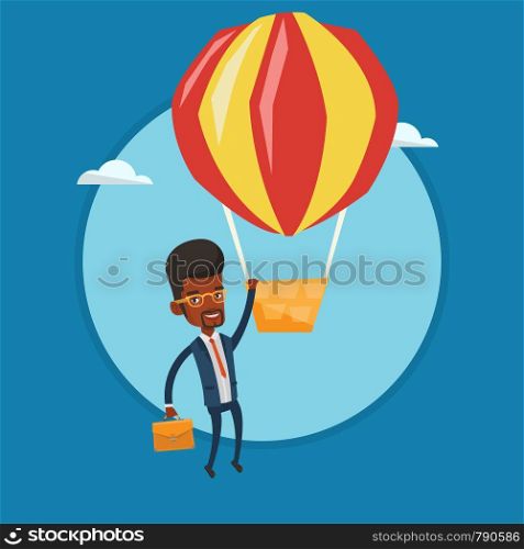 African-american hardworking employee hanging on hot air balloon. Young hardworking employee flying away on hot air balloon. Vector flat design illustration in the circle isolated on background.. Businessman hanging on balloon vector illustration