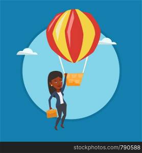 African-american hardworking employee hanging on hot air balloon. Young hardworking employee flying away on hot air balloon. Vector flat design illustration in the circle isolated on background.. Business woman hanging on balloon.