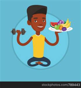 African-american healthy sportsman sitting with fruits and dumbbell. Man choosing healthy lifestyle. Healthy lifestyle concept. Vector flat design illustration in the circle isolated on background.. Healthy man with fruits and dumbbell.