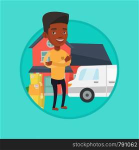 African-american homeowner unloading cardboard boxes. Homeowner standing in front of new home. New homeowner moving to a house. Vector flat design illustration in the circle isolated on background.. Man moving to house vector illustration.