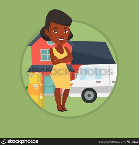 African-american homeowner unloading cardboard boxes. Homeowner standing in front of new home. New homeowner moving to a house. Vector flat design illustration in the circle isolated on background.. Woman moving to house vector illustration.