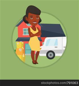 African-american homeowner unloading cardboard boxes. Homeowner standing in front of new home. New homeowner moving to a house. Vector flat design illustration in the circle isolated on background.. Woman moving to house vector illustration.