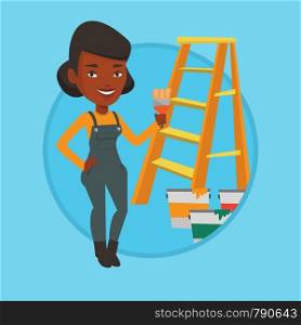 African-american house painter holding paintbrush. House painter with paintbrush in hand standing near step-ladder and paint cans. Vector flat design illustration in the circle isolated on background.. Painter with paint brush vector illustration.