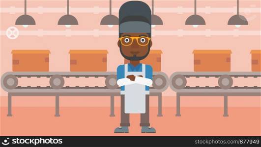African-american industrial worker with protective welder mask. Welder with arms crossed on the background of factory workshop with conveyor belt. Vector flat design illustration. Horizontal layout.. Confident smiling welder vector illustration.