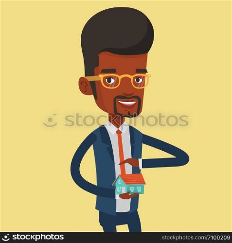 African-american insurance agent holding house model. Insurance agent protecting model of the house. Man insuring house. Property insurance concept. Vector flat design illustration. Square layout.. Real estate agent protecting model of the house.