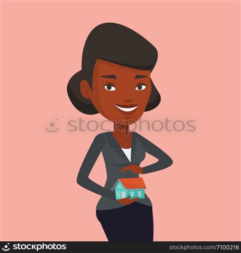 African-american insurance agent holding house model. Insurance agent protecting model of the house. Woman insuring house. Property insurance concept. Vector flat design illustration. Square layout.. Insurance agent protecting model of the house.